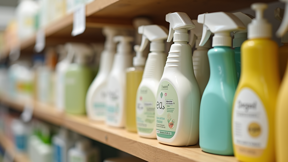 Close-up of eco-friendly cleaning products on a shelf