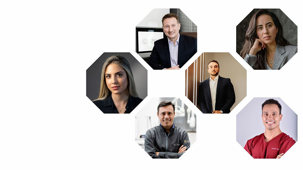 Foto em mosaico hexagonal com seis profissionais da equipe da consultoria odontológica
