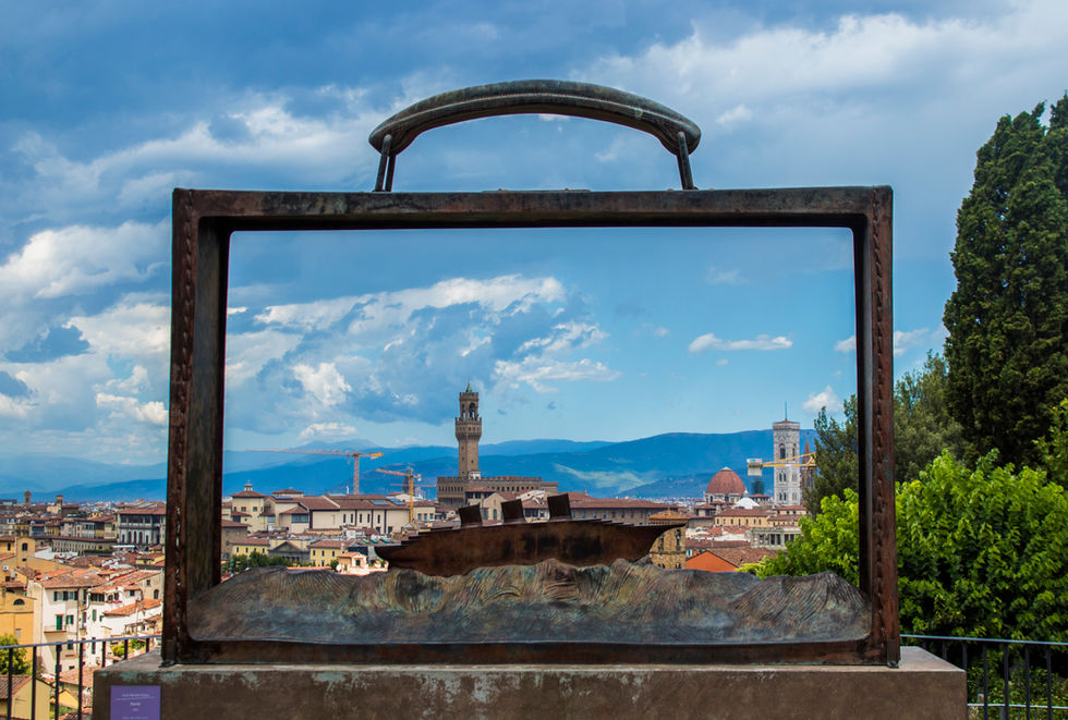 View of Florence from Piazzale Michelangelo framed in a metal structure – art within art