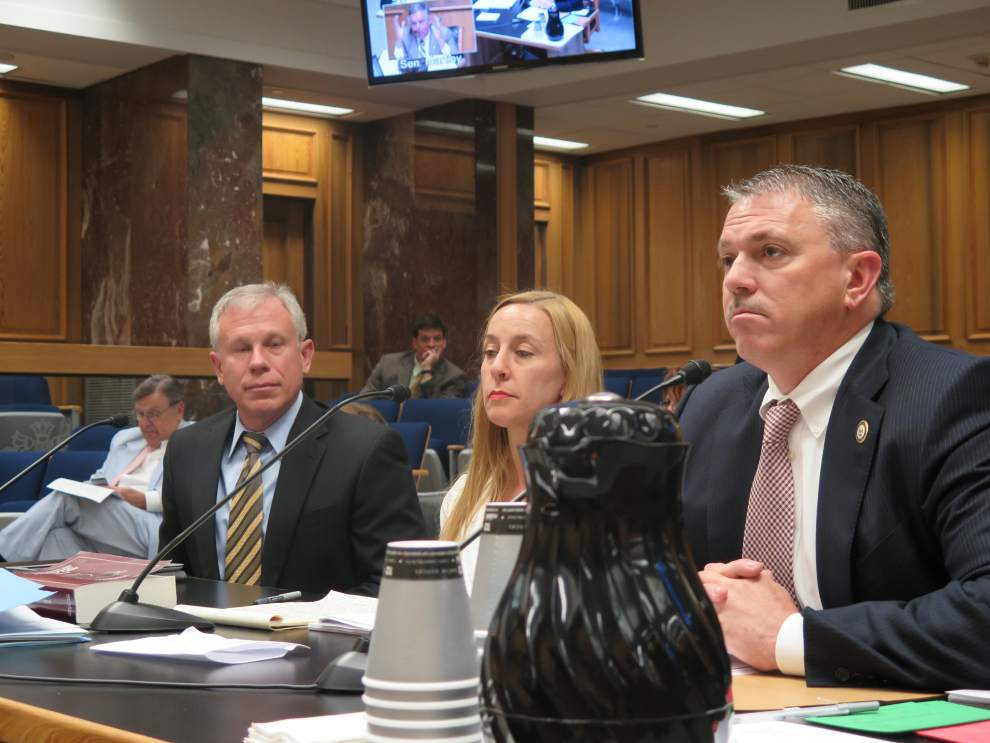 Advocate Photo by MICHELLE MILLHOLLON -- Gene Mills of the Louisiana Family Forum, left, Andrea Carroll, who teaches family law at the LSU Law School, and state Rep. Clay Schexnayder, R-Gonzales, testified Tuesday on a bill that would allow adoptees access to some information about their birth parents.