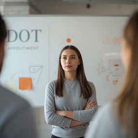 Führungskraft steht vor einem Team im Büro, hört aufmerksam zu und reflektiert eine Entscheidung in einem Arbeitsmeeting.