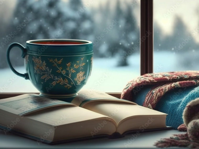 book in front of winter window