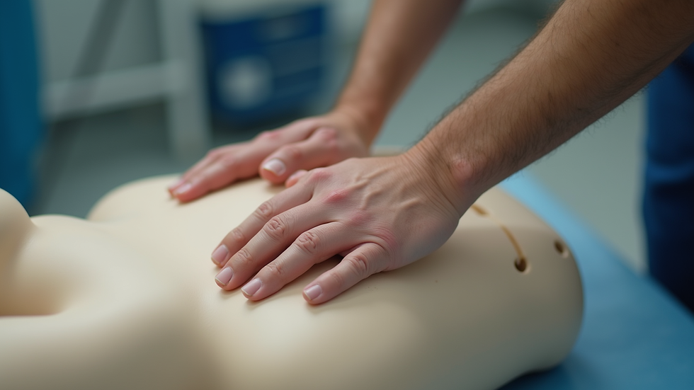 Close-up view of hands performing chest compressions on an adult CPR mannequin
