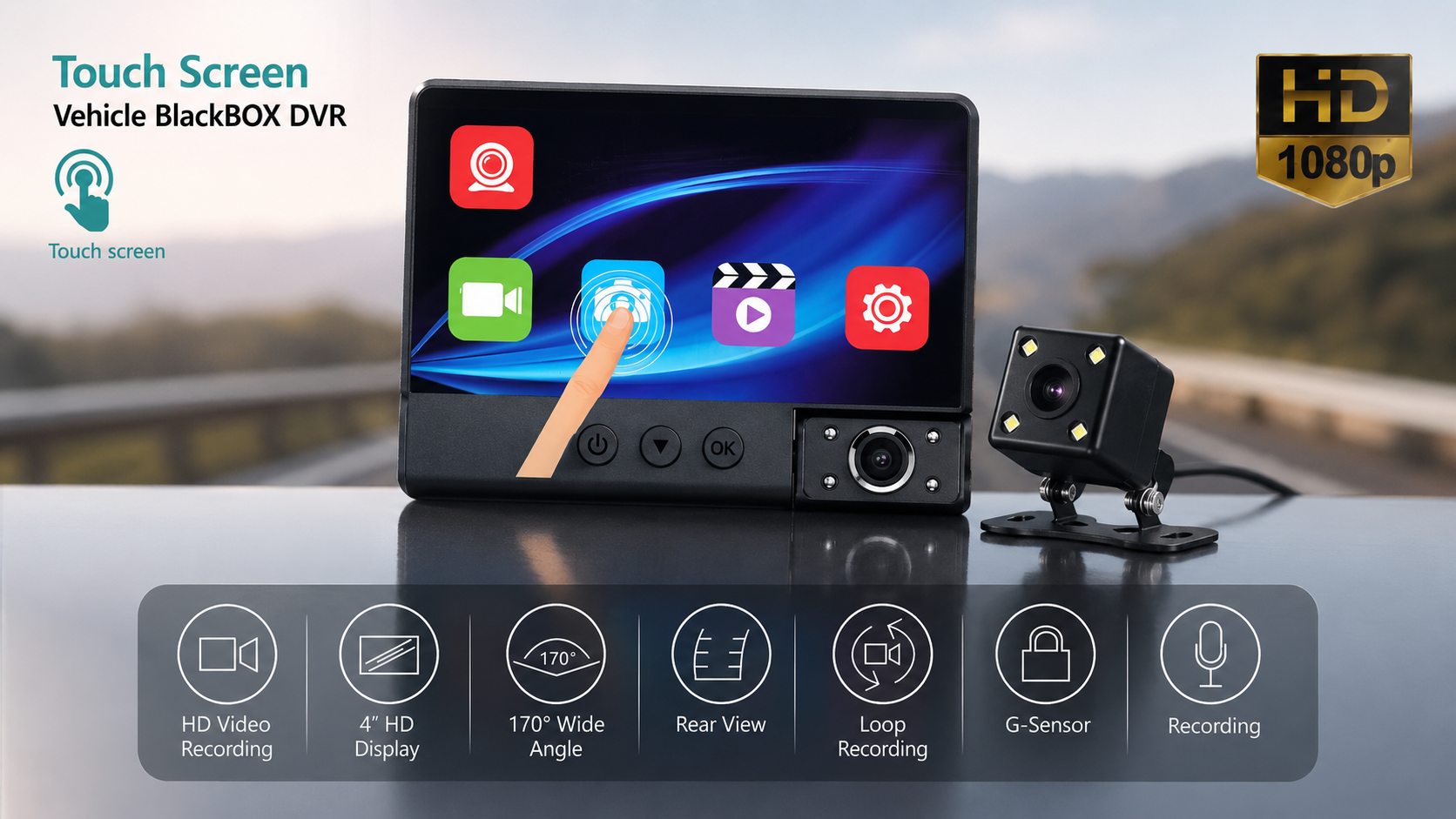 AtoZ Dashcam for Car (Triple Camera with Touch Display)