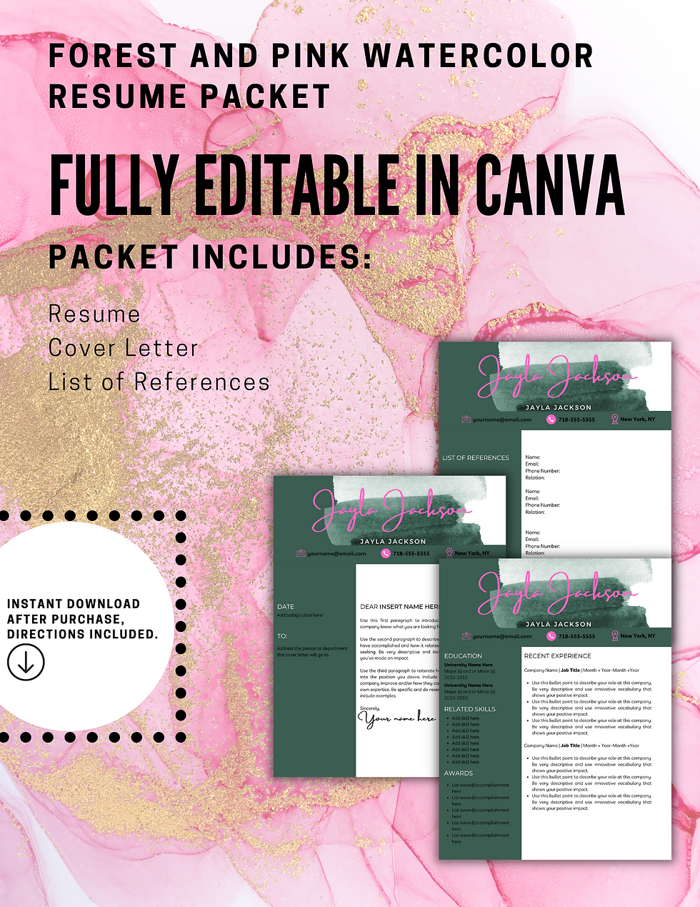 Thumbnail: Forest and Pink Watercolor Resume Packet