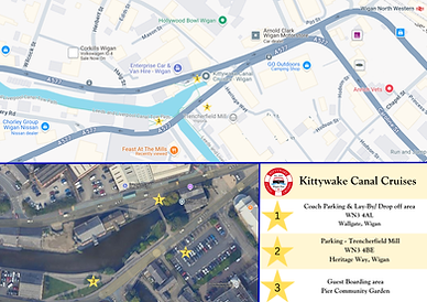 Map for Kittywake Canal Cruises, Boarding Area, Drop Off Area, Coach parking and Parking