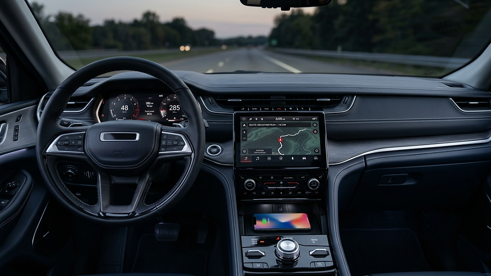 Modern car interior driving on a highway at dusk, with digital dashboard and navigation map showing Route: Mountain Peak.