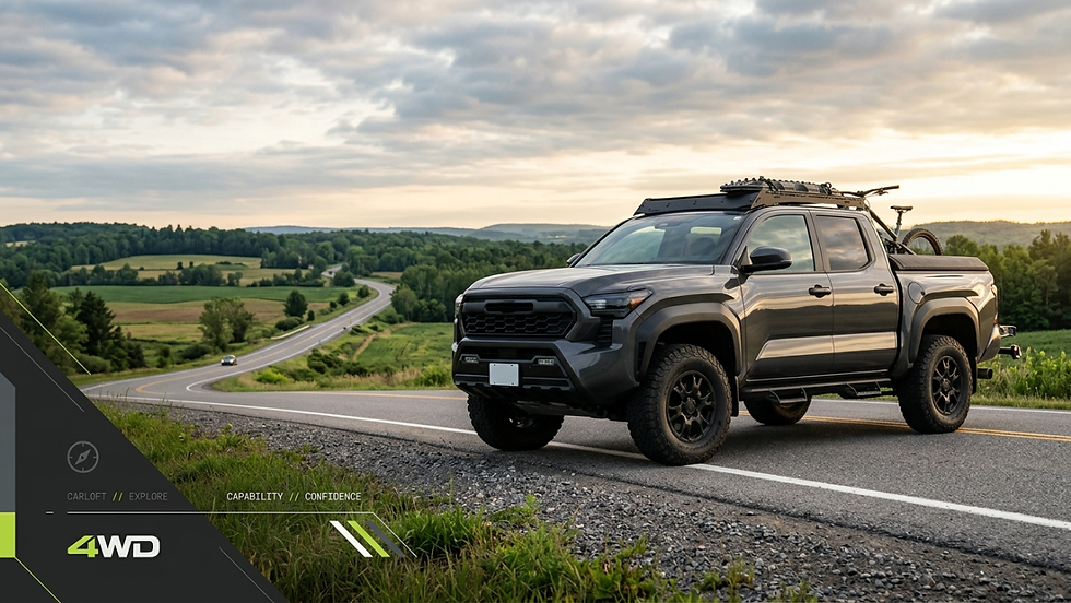 Gray 4WD pickup with bike rack on a winding rural road at sunset, with fields and hills under a cloudy sky.