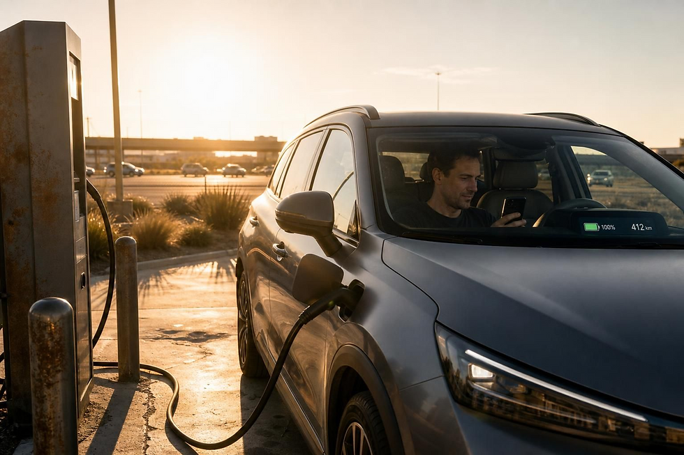 Man checks phone while charging a silver electric SUV at a roadside station at sunset; dash shows 100% and 412 km.