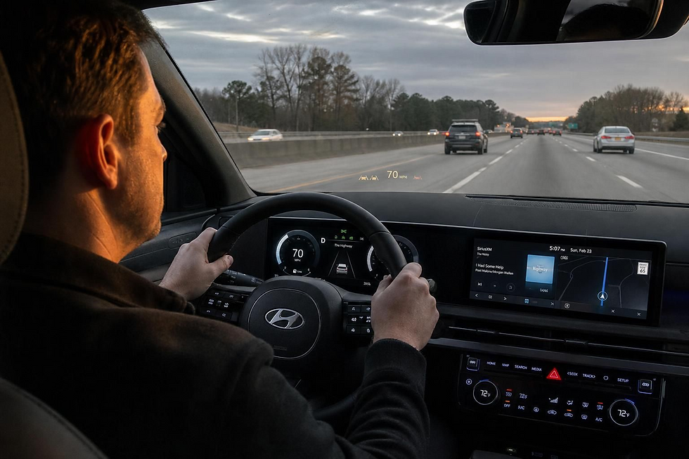 Driver steers a Hyundai on a highway at dusk, with 70 mph shown on the dashboard and navigation screens glowing inside.