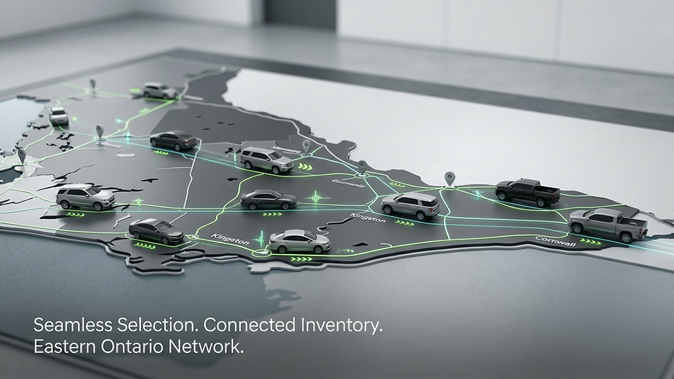 3D Eastern Ontario map with cars linked by neon lines and pins; text says Seamless Selection. Connected Inventory.
