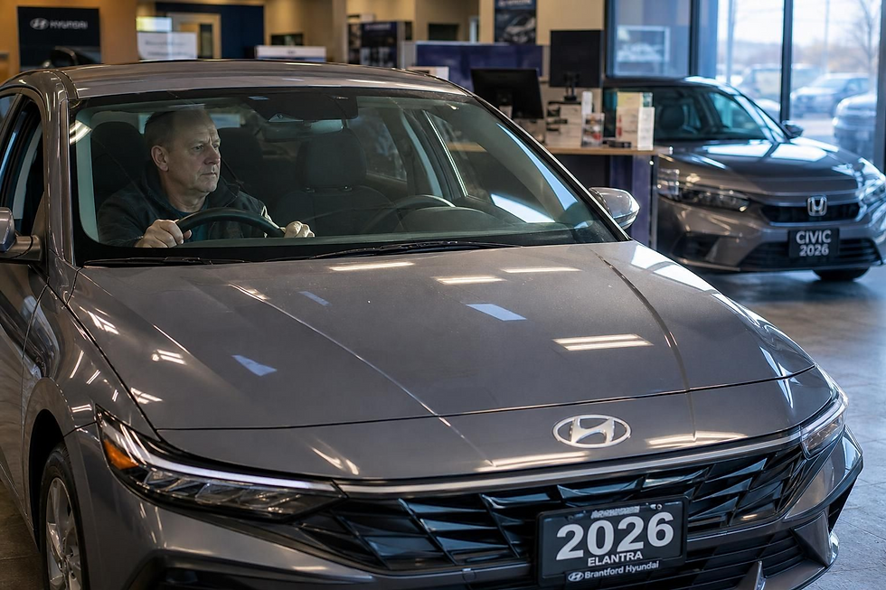 Middle-aged man sits behind wheel of gray Hyundai Elantra in a showroom, with a 2026 plate and another Civic behind.
