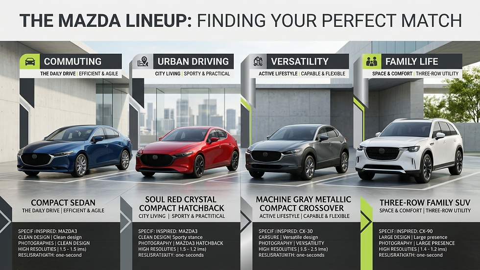 Mazda lineup infographic showing blue compact sedan, red hatchback, gray crossover and white family SUV in a modern garage.