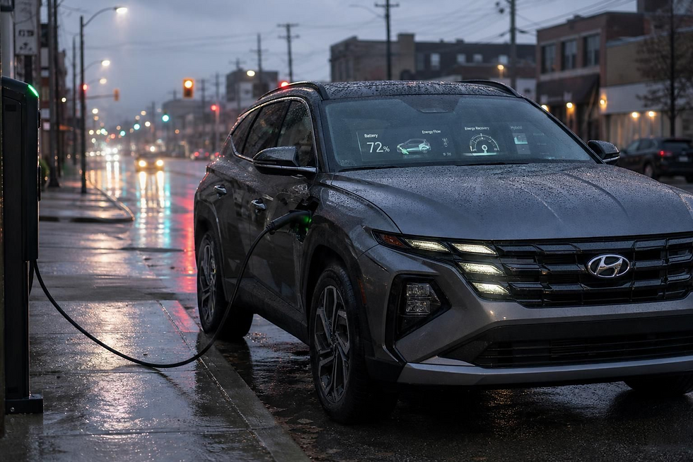 Rainy city street with a Hyundai electric SUV charging; windshield display shows 72% battery.