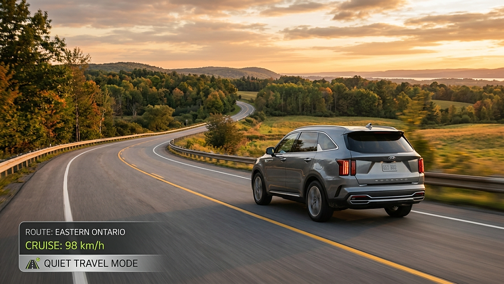 Gray SUV on a winding rural highway at sunset, with on-screen text: Route Eastern Ontario, Cruise 98 km/h, Quiet Travel Mode.
