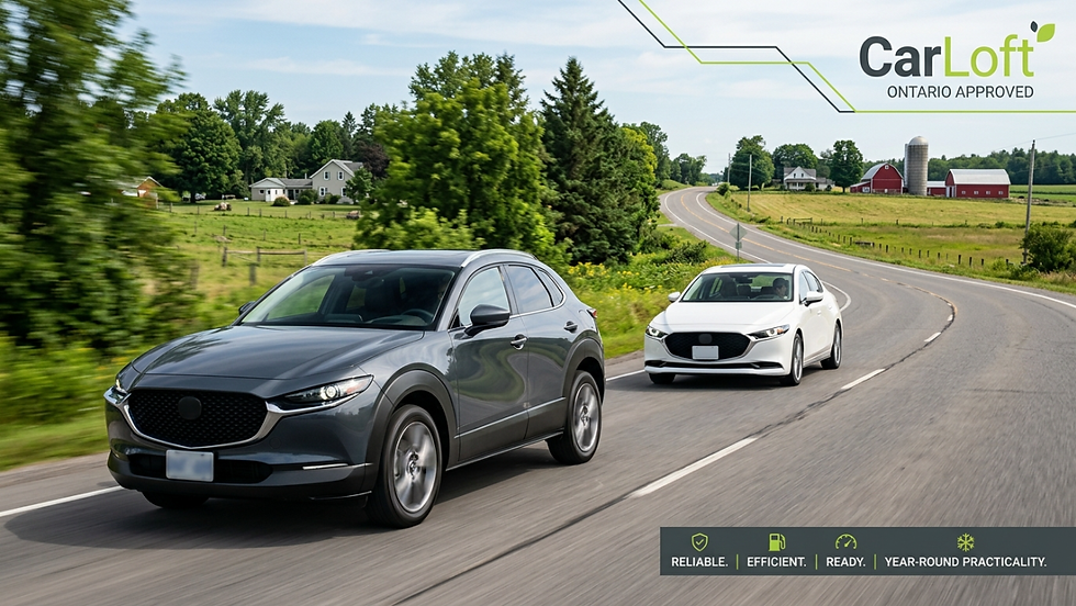 Two SUVs drive on a curving rural road past farms; CarLoft Ontario Approved logo and Reliable, Efficient, Ready, Year-round Practicality text.
