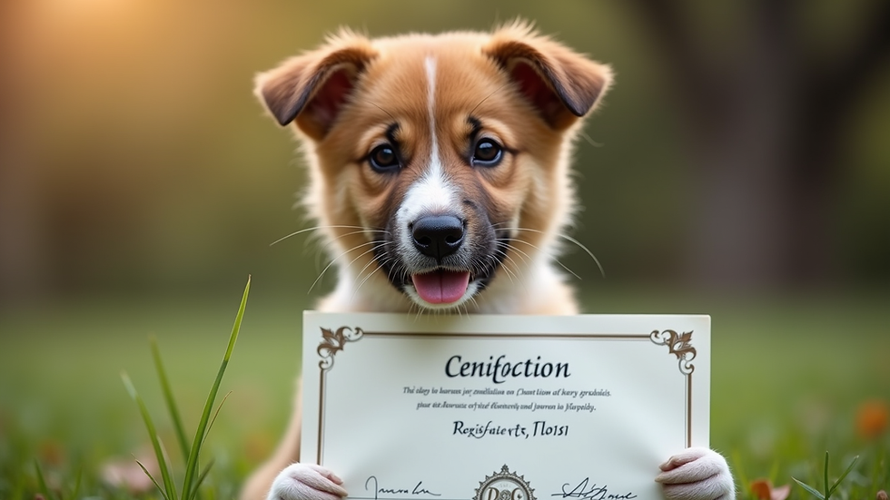 Close-up view of a hybrid dog puppy with a registration certificate