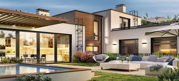 Outdoor living space at dusk
