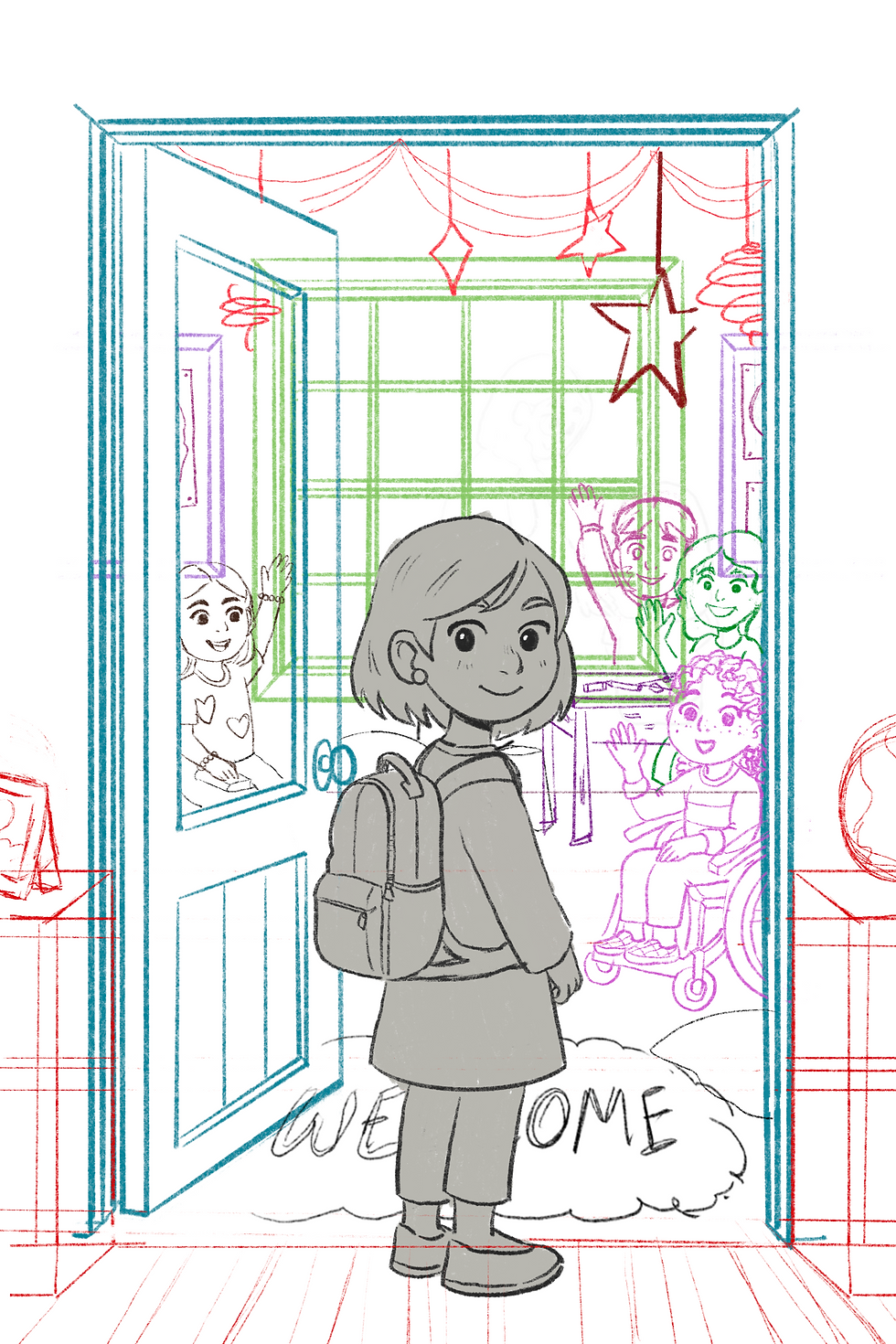Sketch of a cover design for a book about a child of a Cambodian refugee family entering a new school. The child is outside of the classroom, but looking towards the viewer with a little smile. There are children in the background. One specifically is in a wheel chair. Appeals to publishing in the children's literature (kidlit).