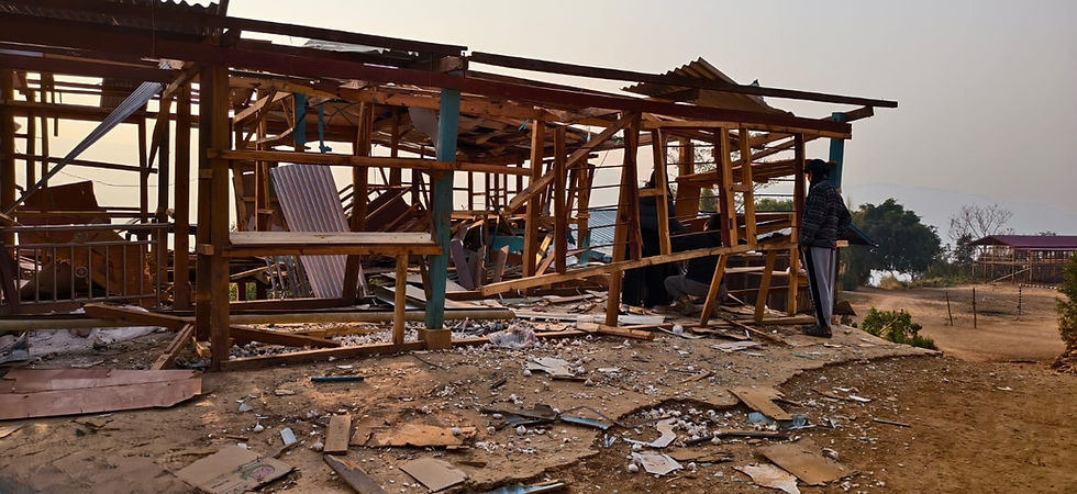 A house in the Falam area destroyed in an airstrike that killed three villagers.