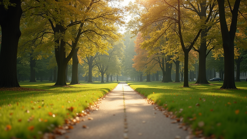Eye-level view of a serene park with a walking path