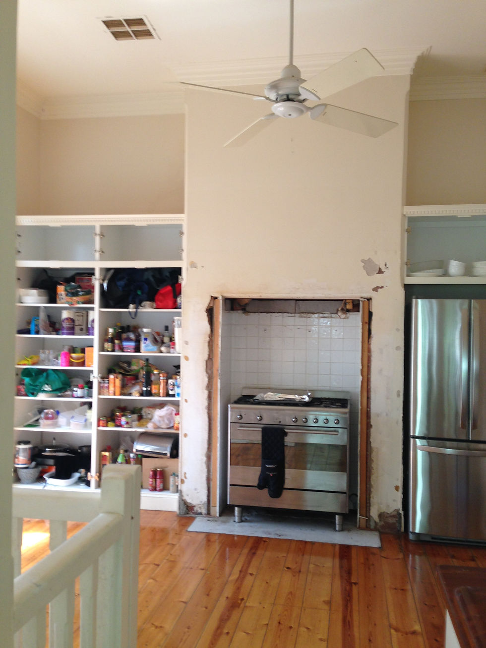 Cabinet doors and mantel removed