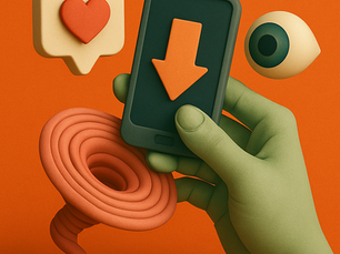 Surreal 3D illustration of a green hand holding a smartphone with a bold downward arrow, surrounded by abstract digital marketing symbols like a heart icon, vortex, and floating eye — representing scroll-stopping content strategy by Brand Juice Marketing.