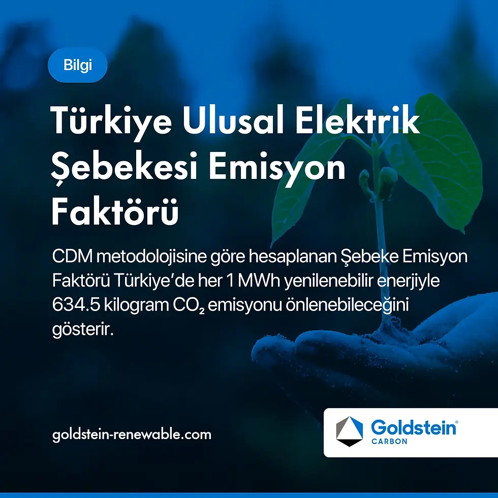 Türkiye Ulusal Elektrik Şebekesi Emisyon Faktörü hakkında Goldstein Carbon tarafından hazırlanan bilgilendirici görsel. Yenilenebilir enerji ile karbon emisyonu azaltımı, sürdürülebilir enerji çözümleri ve CO₂ emisyon faktörü hakkında önemli veriler içerir. Yeşil enerji, çevre dostu yatırımlar ve iklim değişikliğiyle mücadelede yenilenebilir enerjinin rolünü vurgular.