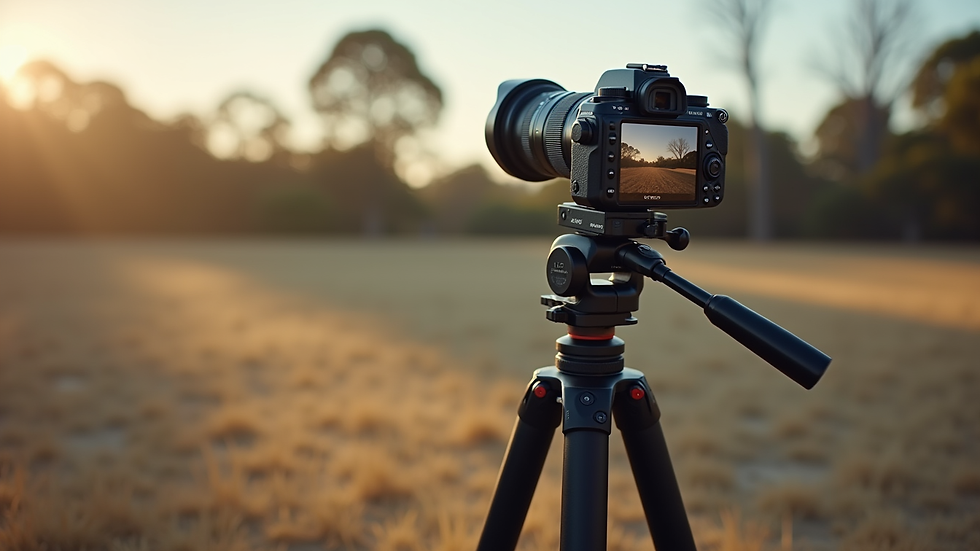 Close-up view of a camera on a tripod set up in a Sydney outdoor location