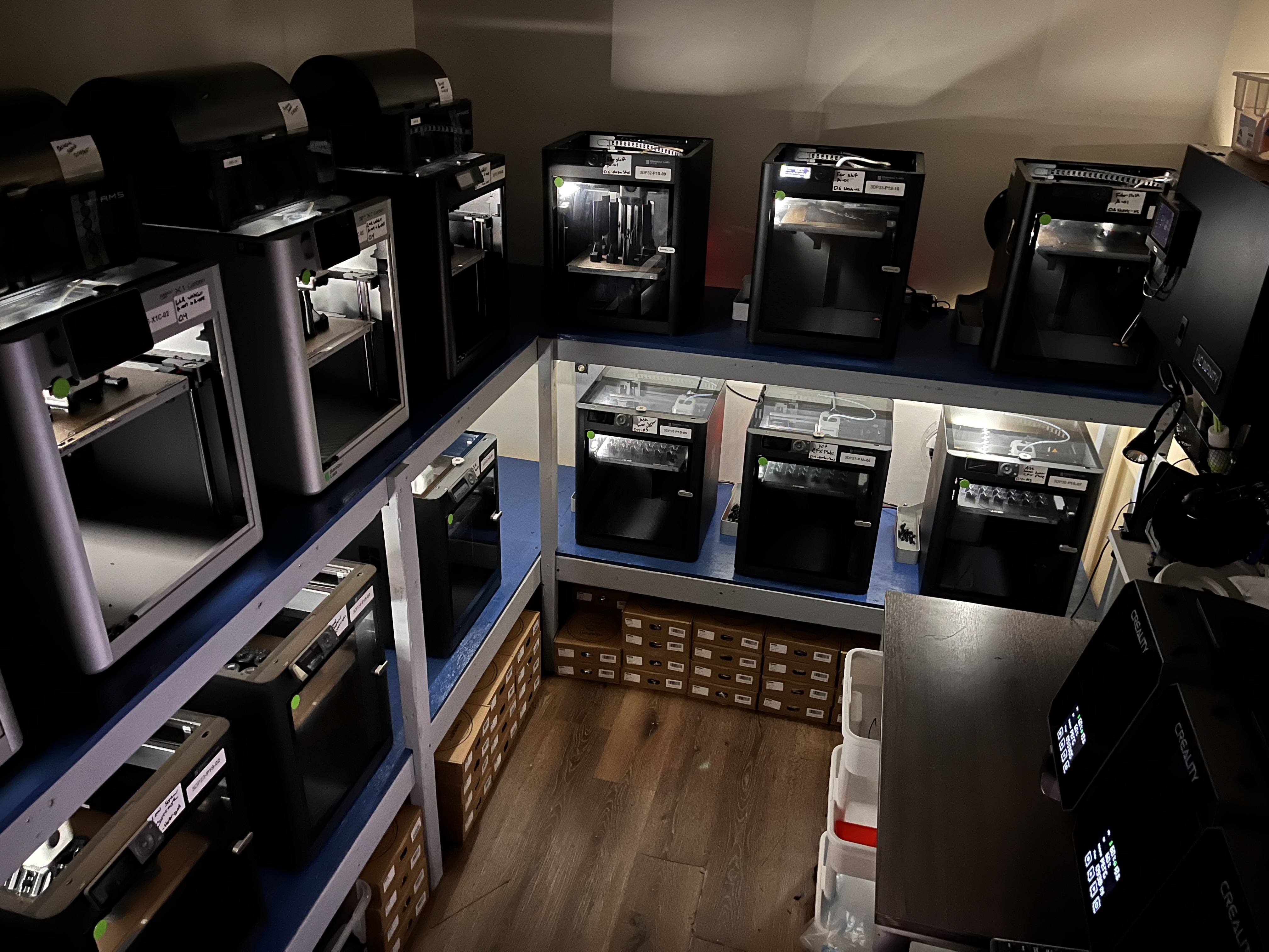 3D printers arranged in Bauen Innovations’ Halethorpe workshop.