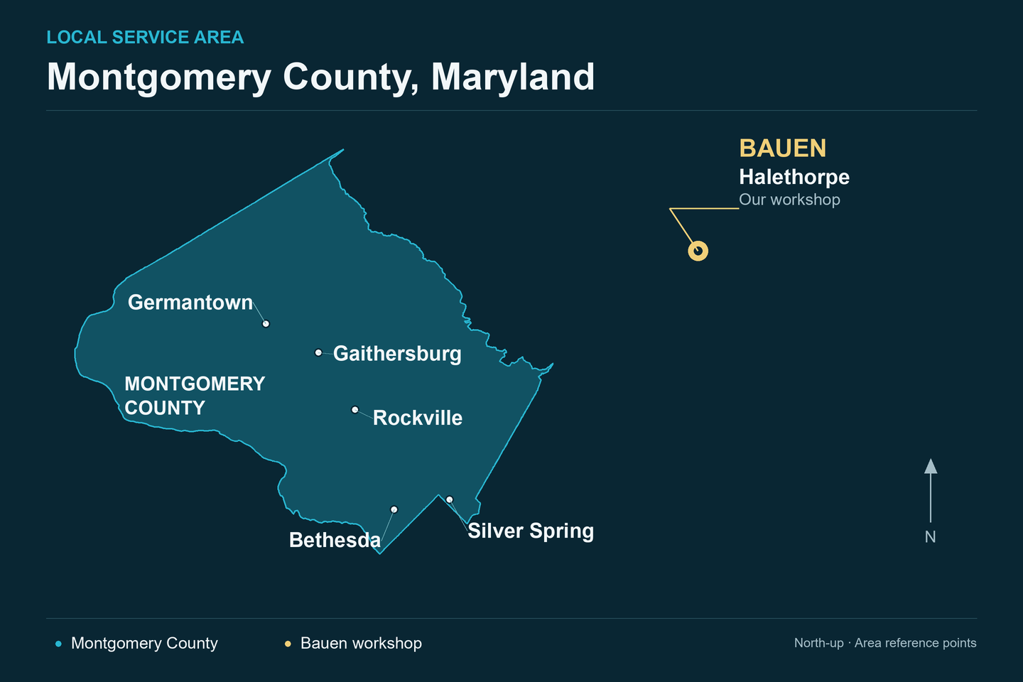 Map of Montgomery County showing Rockville, Gaithersburg, Germantown, Bethesda, and Silver Spring relative to Bauen’s Halethorpe workshop.