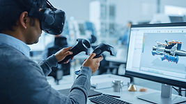 Modern Industrial Factory_ Mechanical Engineer Wearing Virtual Reality Headset, Holding Co
