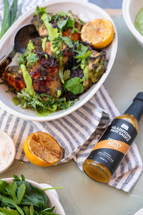 Gladstone Hot Honey, Green Herb Marinade on grilled chicken