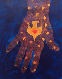 Hand with the outline of a dove in the palm and gold stars sprinkled on the fingers, palm, and wrist.
Tags: New Testament; Gospel; John; John 20; Doubt; Dove; Believe; Jesus; Faith; Blue; Yellow; Gold