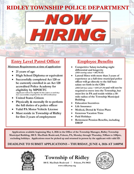Ridley Township Police Department is Hiring
