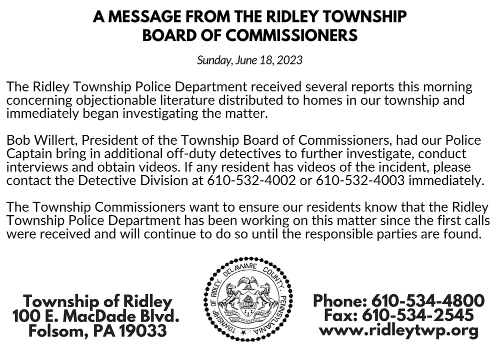 A Notice From The Ridley Township Board of Commissioners June 2023