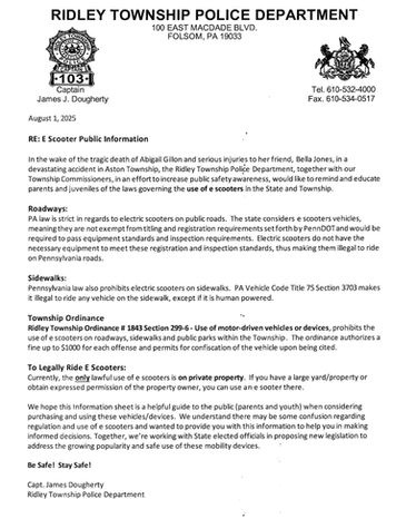🚨 Public Safety Reminder: E-Scooter Laws in Ridley Township