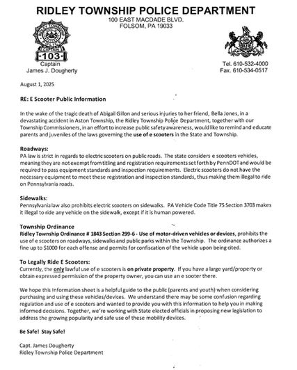 🚨 Public Safety Reminder: E-Scooter Laws in Ridley Township