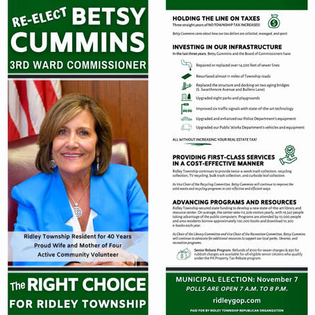 Vote Betsy Cummins for 3rd Ward Commissioner of Ridley Township
