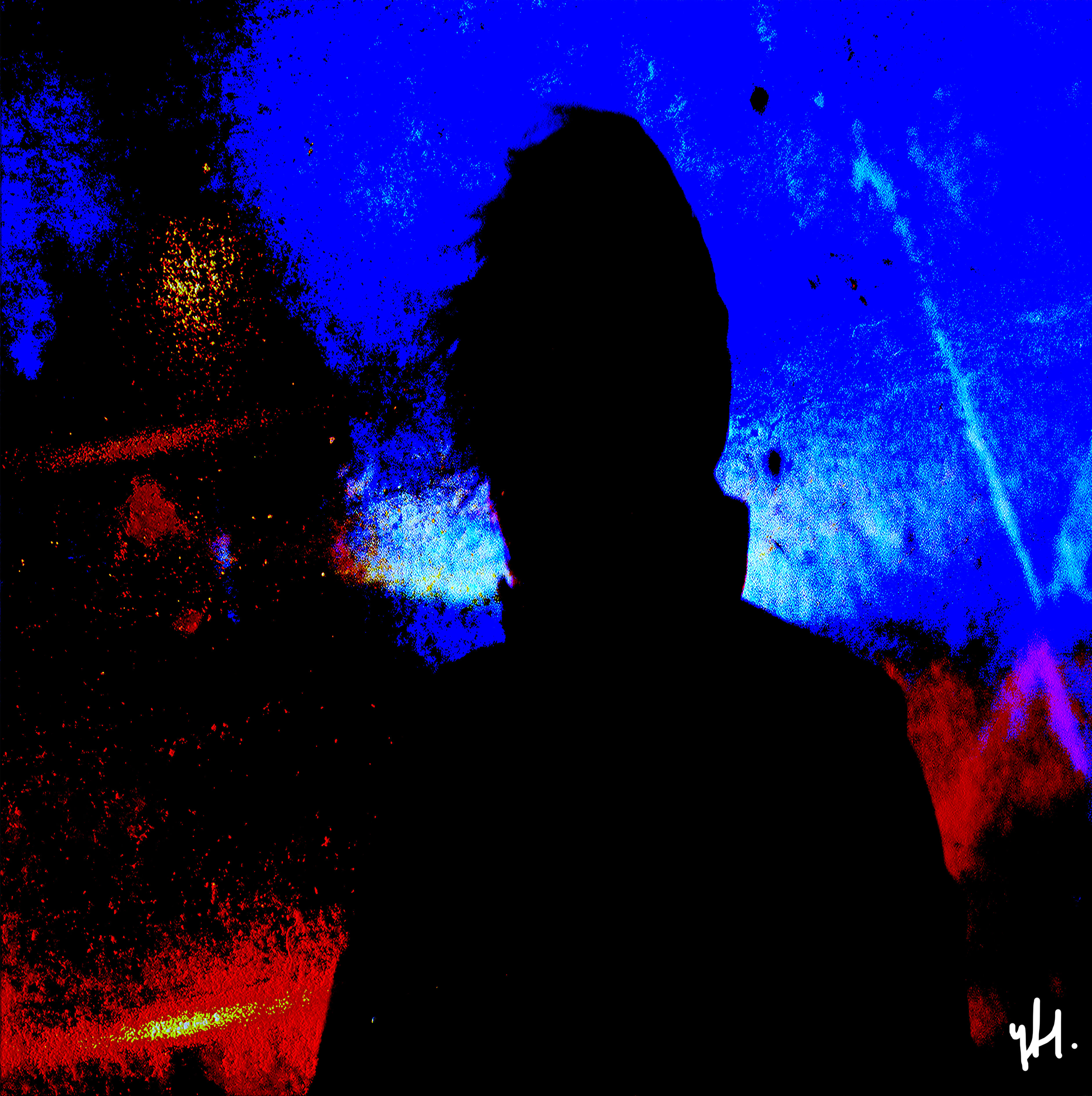 Silhouet van een persoon voor een blauw en rood abstract achtergrond