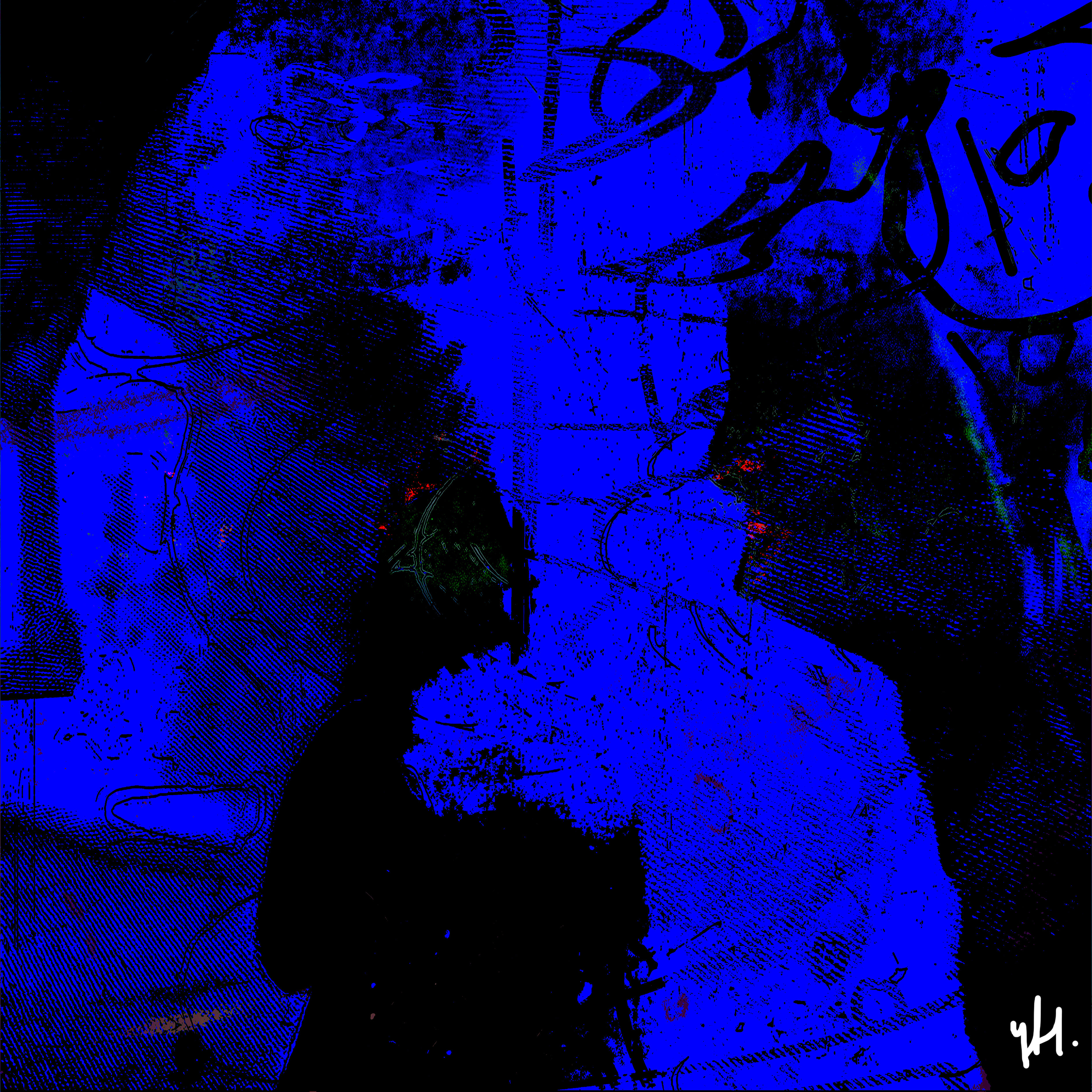 Abstracte blauwe kunst; donkere vormen, mysterieus