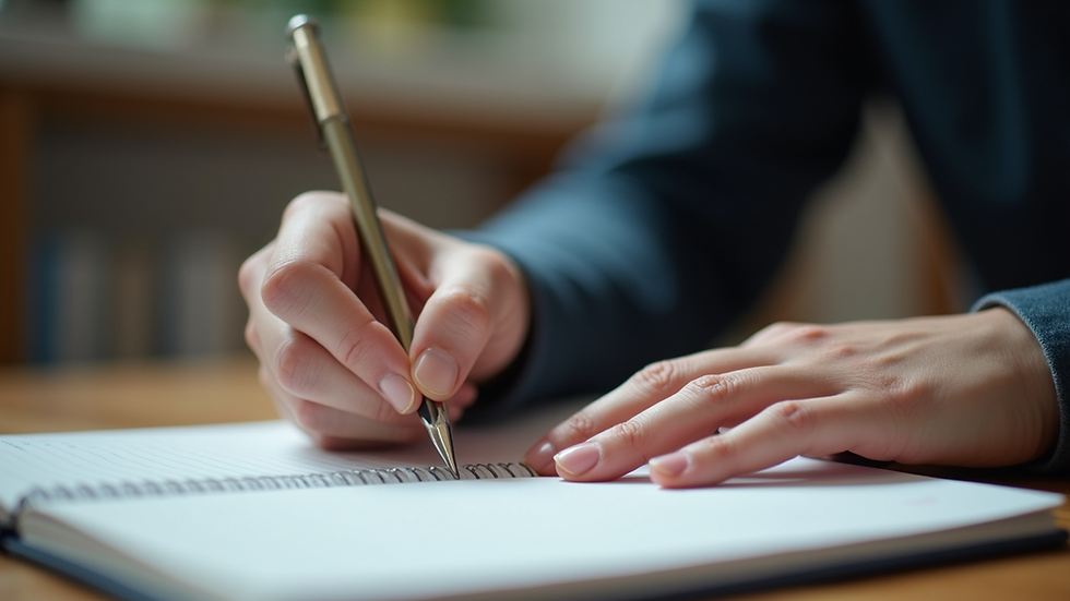 Eye-level view of a person writing notes in a notebook