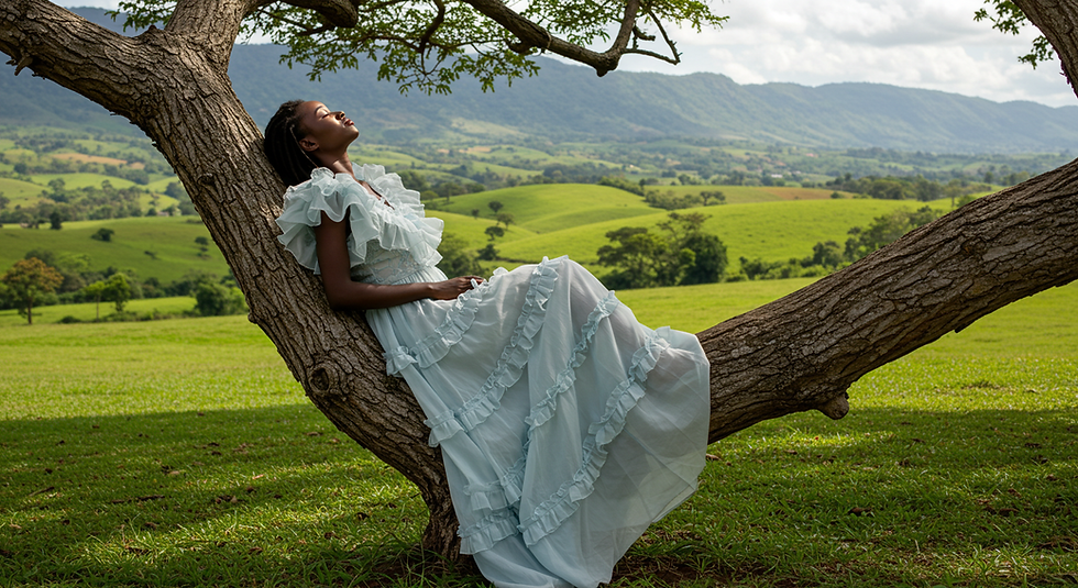 Woman in light blue dress relaxing in tree, scenic view