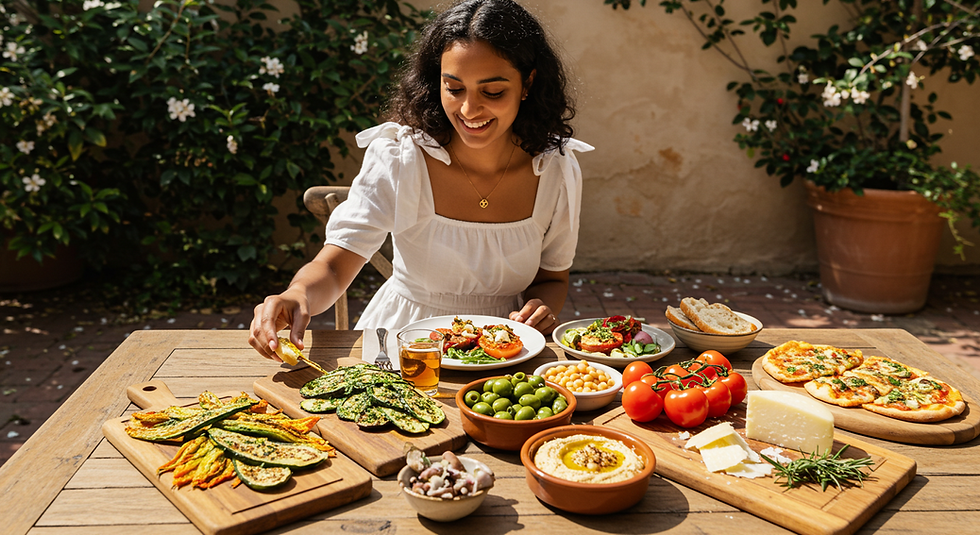 woman with wavy hair enjoying lunch at the table. TOUSSELLED.COM