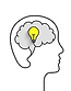 Outline of a head with a light bulb inside, symbolizing an idea. The bulb is yellow and surrounded by a cloud, on a white background.