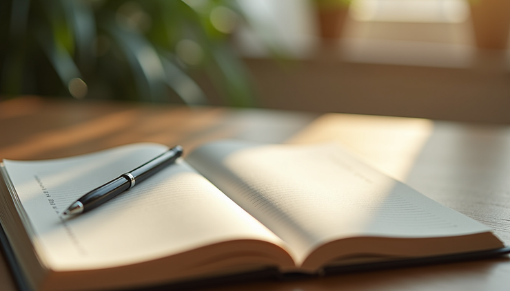 Close-up view of a journal and pen on a wooden table with soft natural light