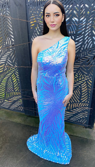 The Pageant Wardrobe baby blue on shoulder sequin decor gown