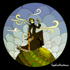 a grim reaper sitting on a meadow wearing a wreath