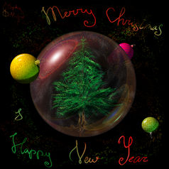 a christmas tree in a soap bubble in space, christmas or new year decorations floating around like moons