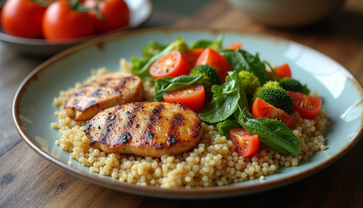 High angle view of a balanced meal plate with grilled chicken, quinoa, and steamed vegetables